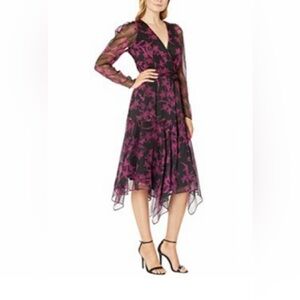 Vince Camuto Black Floral Full Wrap Handkerchief Hem Midi Dress Womens Sz Small